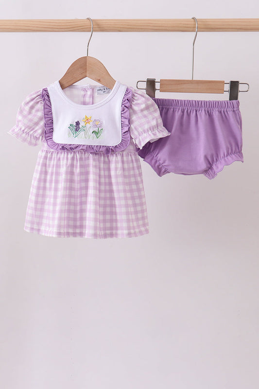 Purple Floral Embroidery Gingham Bloomer Set