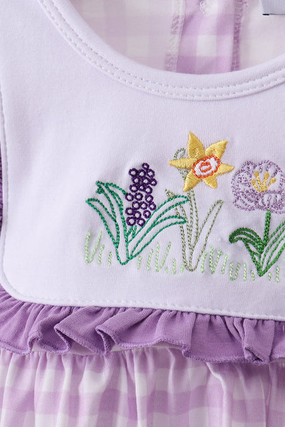Purple Floral Embroidery Gingham Bloomer Set