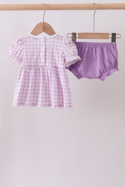 Purple Floral Embroidery Gingham Bloomer Set