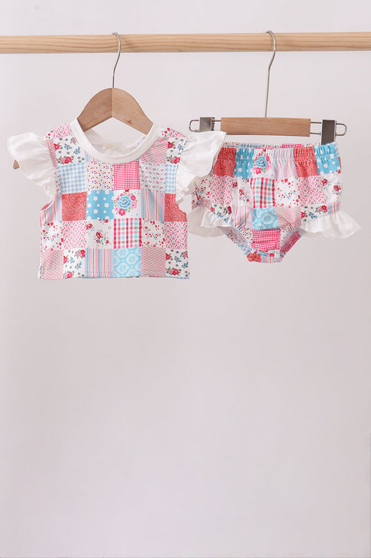 Pink Floral Patchwork Ruffle 2pc Swimsuit