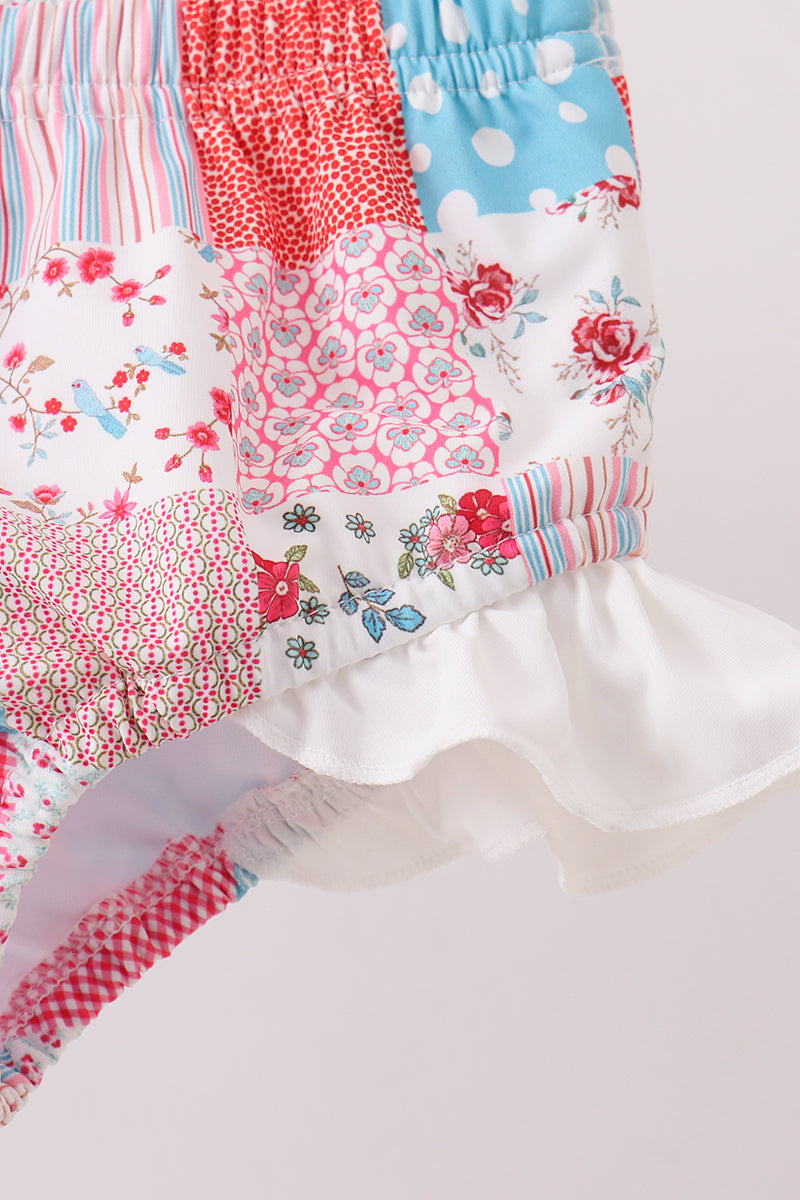 Pink Floral Patchwork Ruffle 2pc Swimsuit