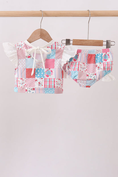 Pink Floral Patchwork Ruffle 2pc Swimsuit