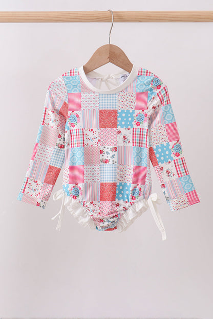 Pink Floral Patchwork Ruffle Rashguard