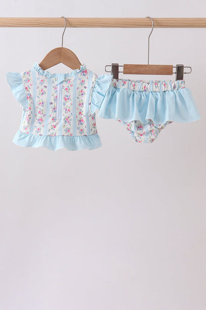 Blue Floral Ruffle 2pc Swimsuit