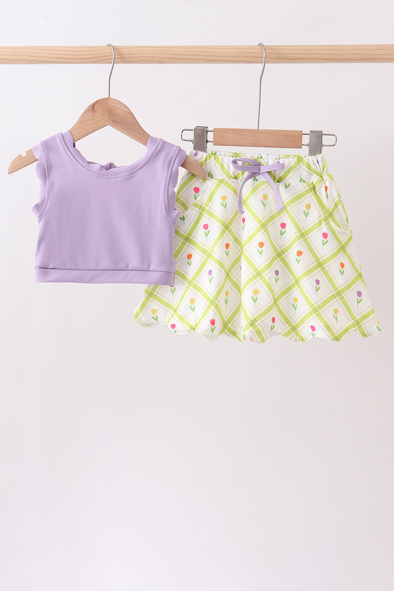 Purple Floral Bow Skorts Set