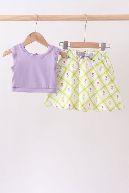 Purple Floral Bow Skorts Set