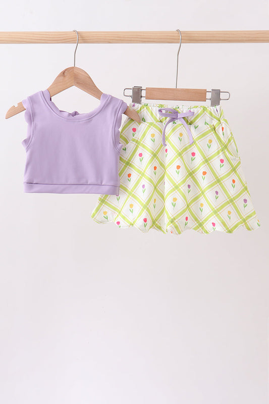 Purple Floral Bow Skorts Set