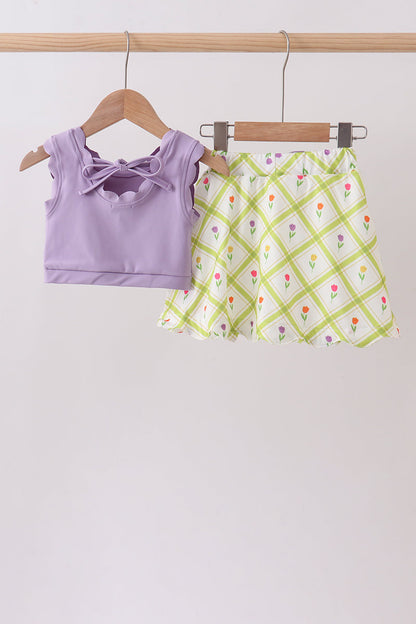 Purple Floral Bow Skorts Set