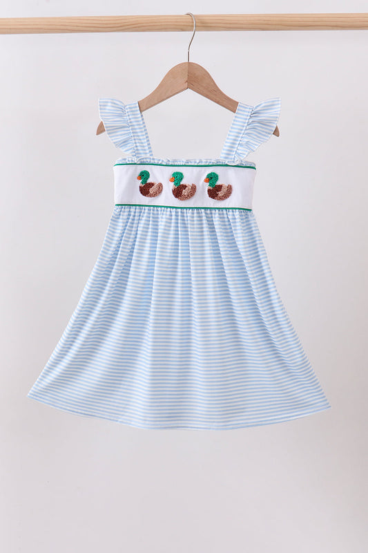 Blue Stripe Duck French Knot Ruffle Dress