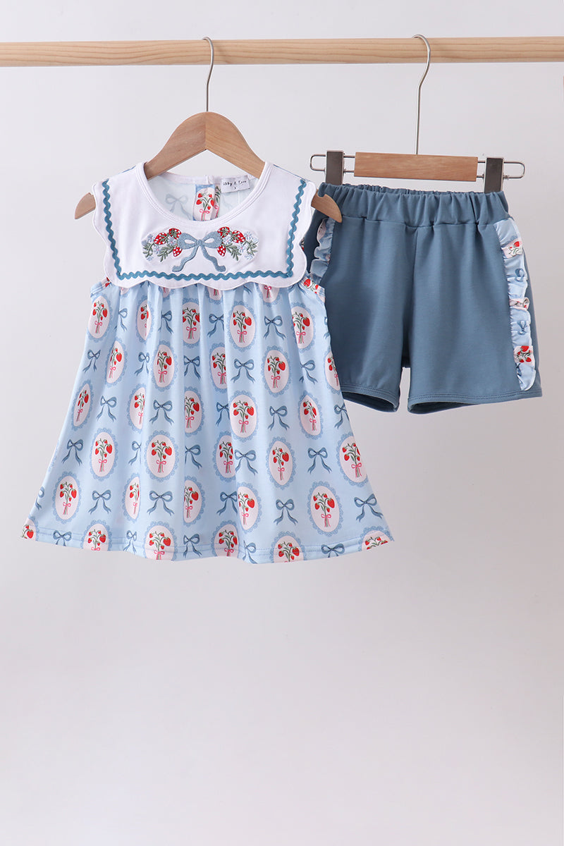 Blue Strawberry Bow Ruffle Shorts Set