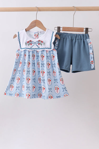 Blue Strawberry Bow Ruffle Shorts Set