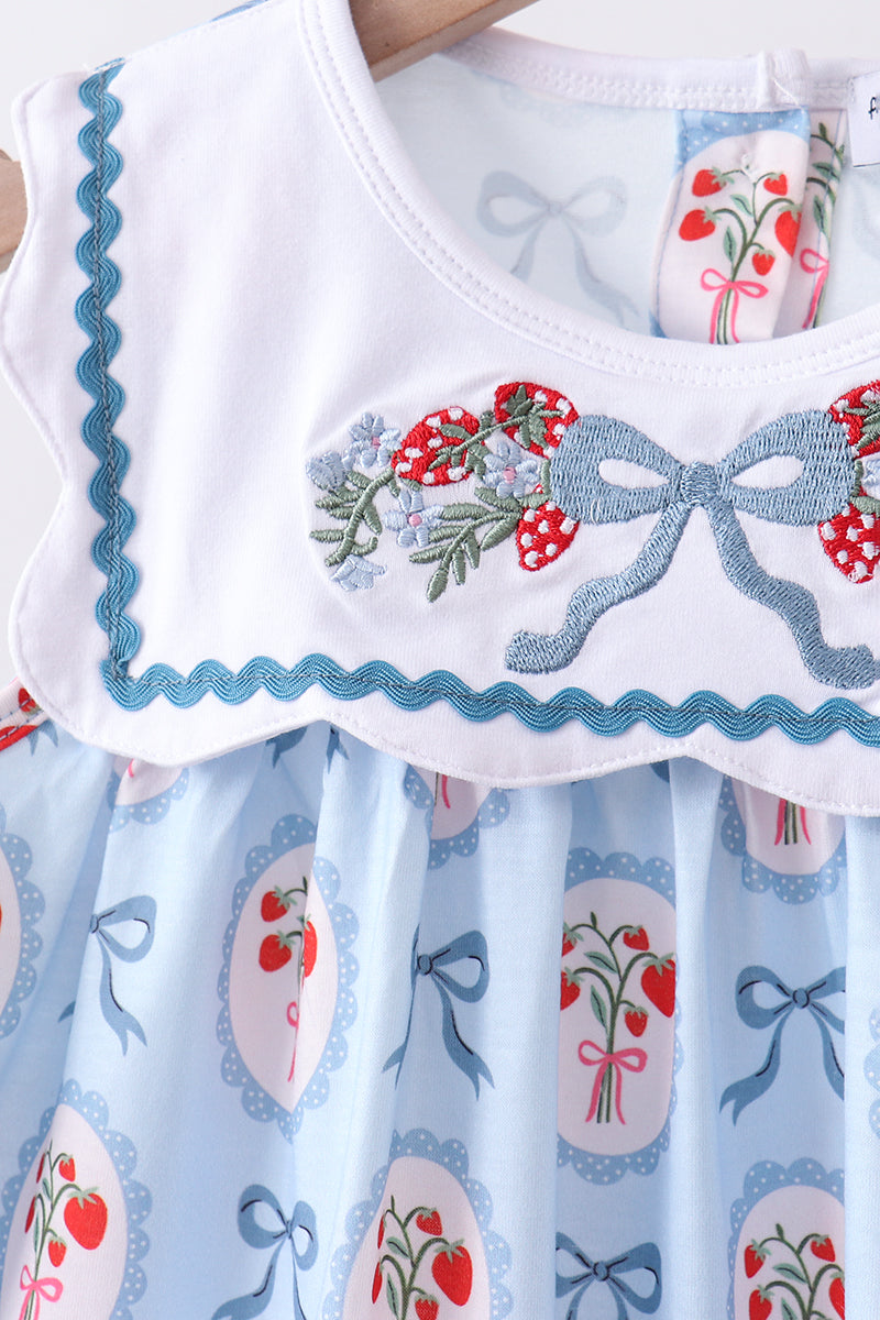 Blue Strawberry Bow Ruffle Shorts Set