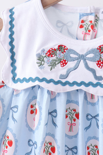 Blue Strawberry Bow Ruffle Shorts Set