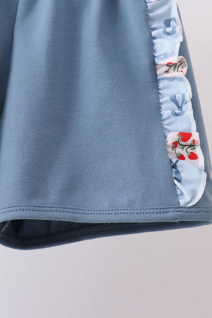 Blue Strawberry Bow Ruffle Shorts Set