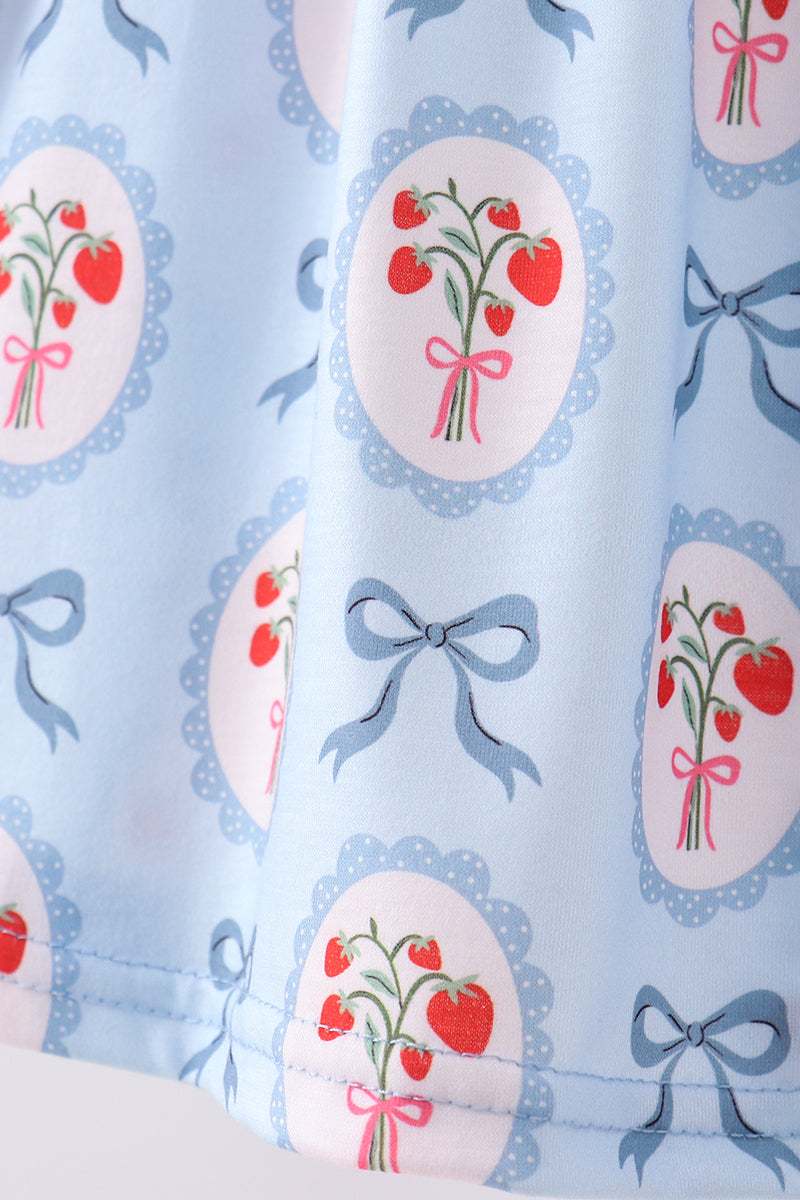 Blue Strawberry Bow Ruffle Shorts Set