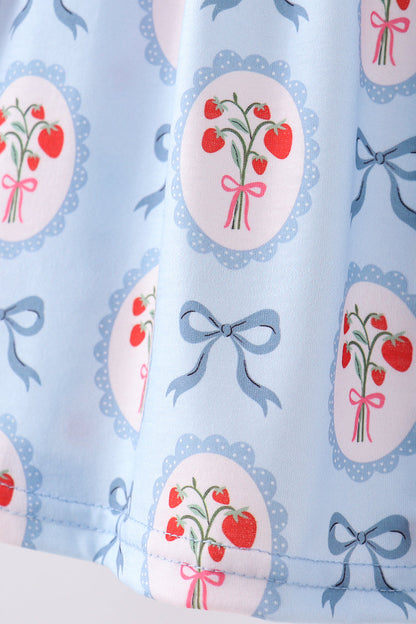 Blue Strawberry Bow Ruffle Shorts Set