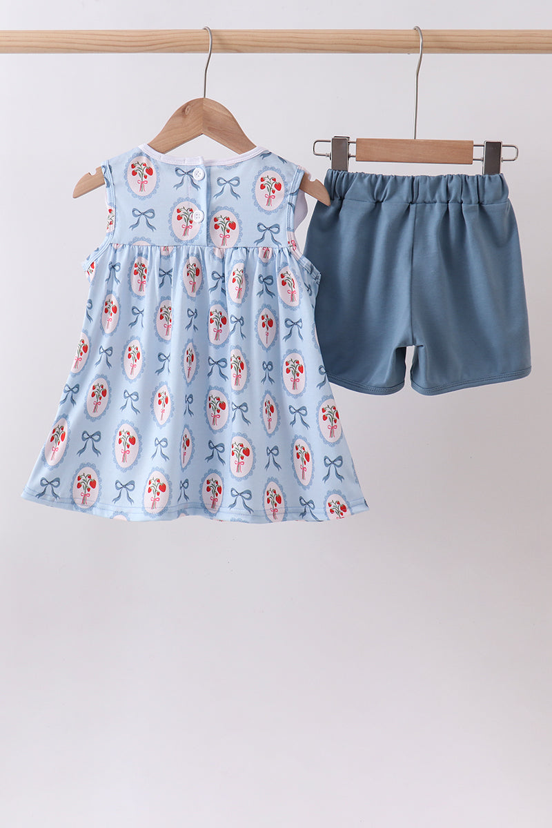 Blue Strawberry Bow Ruffle Shorts Set