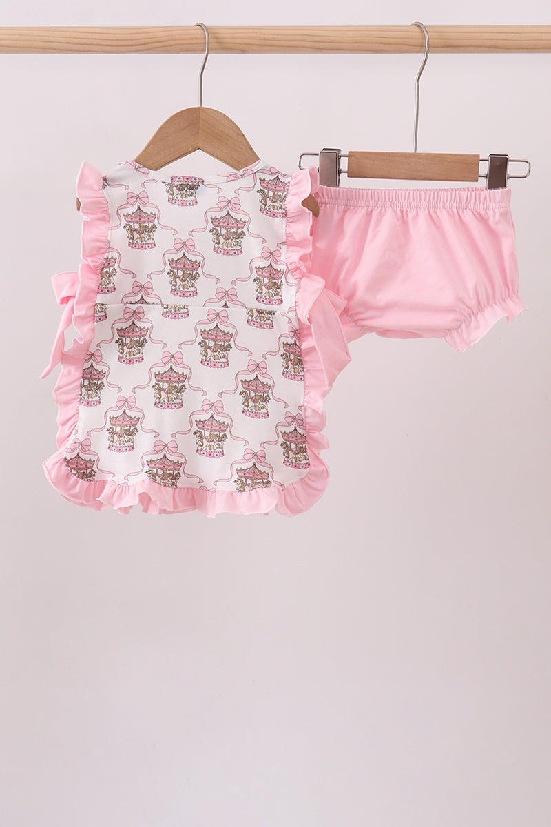 Pink Carousel Print Ruffle Bloomer Set