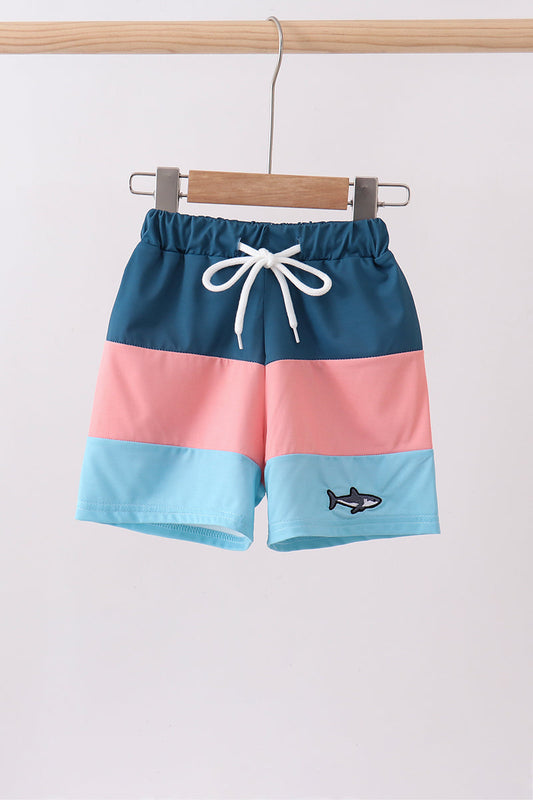 Colorblock Fish Embroidery Swim Trunks