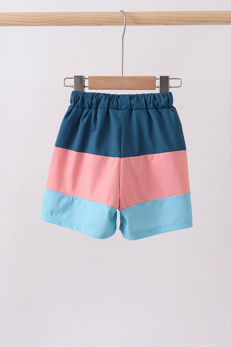 Colorblock Fish Embroidery Swim Trunks