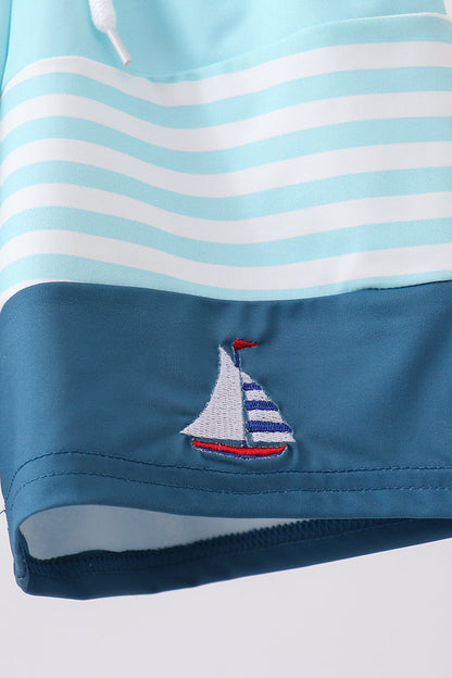 Blue Stripe Sailboat Embroidery Swim Trunks