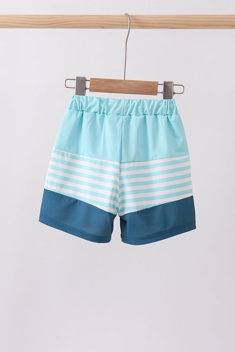 Blue Stripe Sailboat Embroidery Swim Trunks
