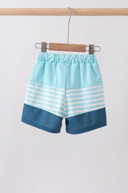 Blue Stripe Sailboat Embroidery Swim Trunks