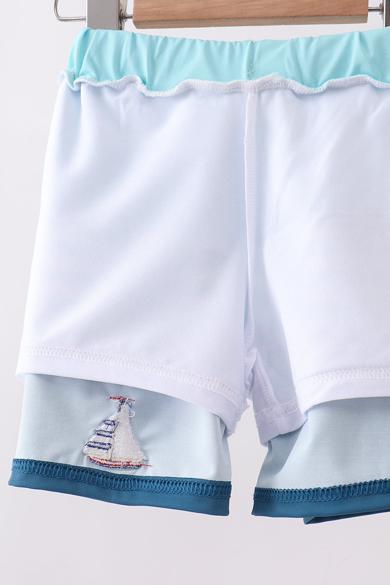 Blue Stripe Sailboat Embroidery Swim Trunks