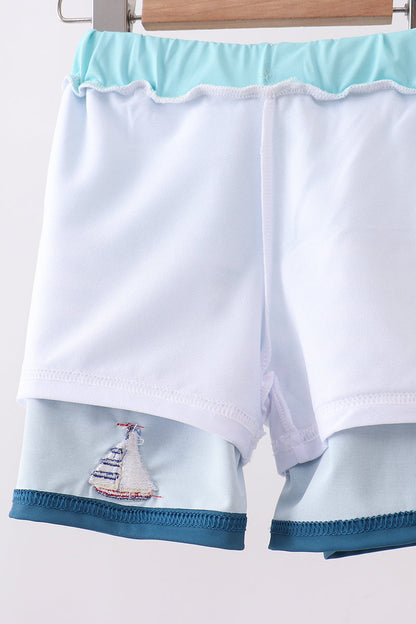 Blue Stripe Sailboat Embroidery Swim Trunks