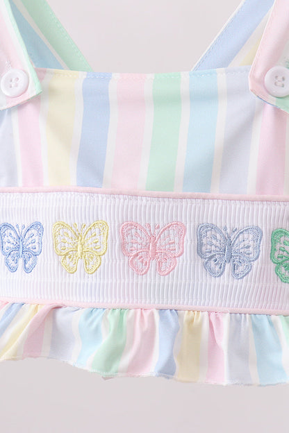 Rainbow Stripe Butterfly Smocked Ruffle 2pc Swimsuit