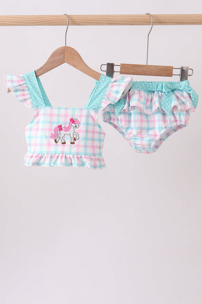Green Plaid Horse Applique 2pc Swimsuit