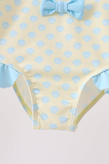 Yellow Shell Print Bow Ruffle Swimsuit