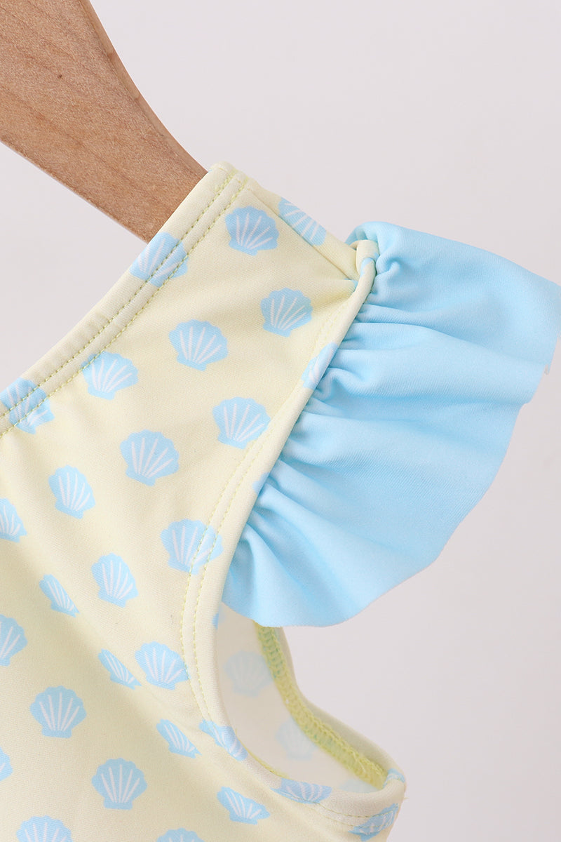Yellow Shell Print Bow Ruffle Swimsuit