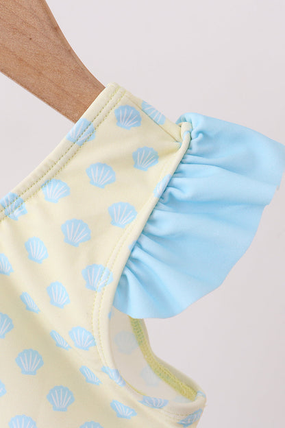 Yellow Shell Print Bow Ruffle Swimsuit