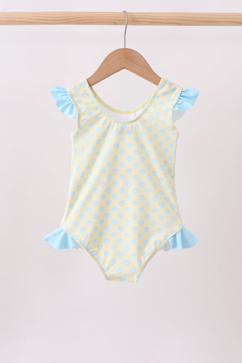 Yellow Shell Print Bow Ruffle Swimsuit