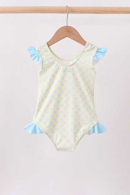 Yellow Shell Print Bow Ruffle Swimsuit