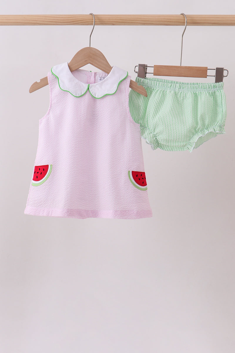 Pink Stripe Watermelon Embroidery Seersucker Bloomer Set