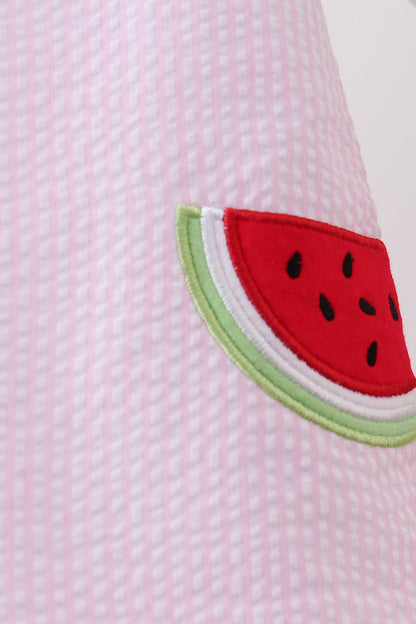 Pink Stripe Watermelon Embroidery Seersucker Bloomer Set