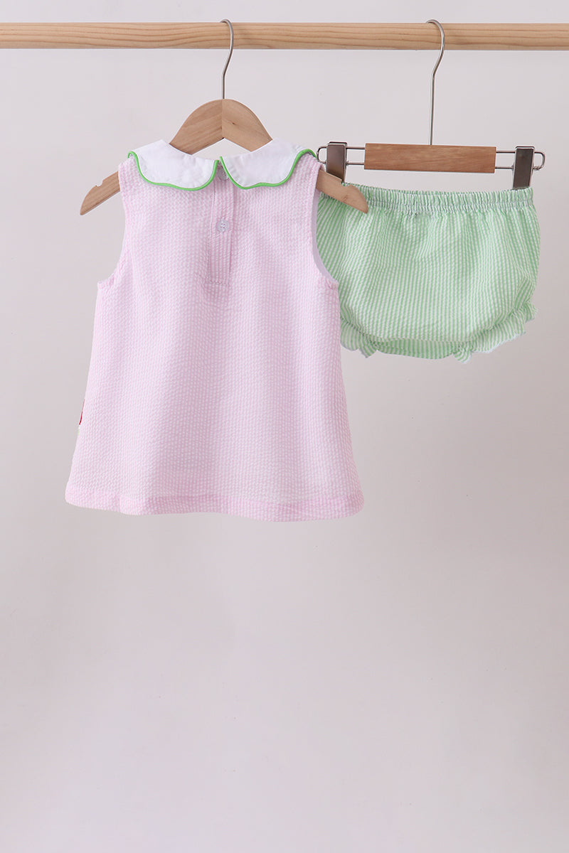 Pink Stripe Watermelon Embroidery Seersucker Bloomer Set