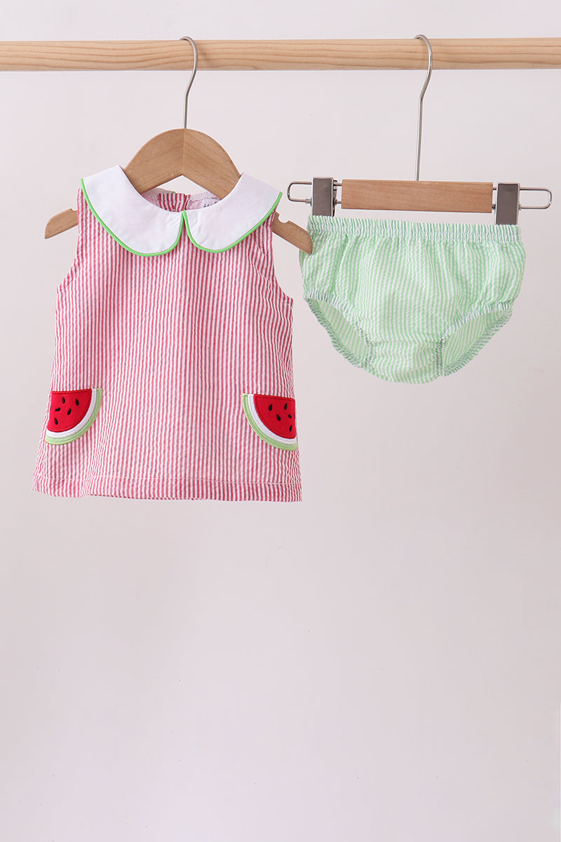 Red Stripe Watermelon Embroidery Seersucker Bloomer Set