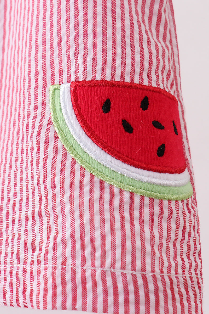 Red Stripe Watermelon Embroidery Seersucker Bloomer Set
