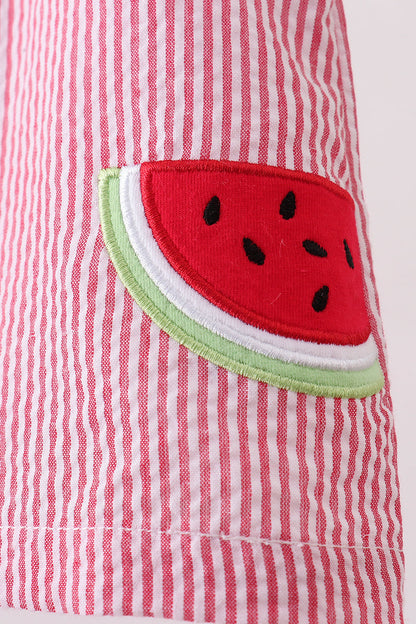 Red Stripe Watermelon Embroidery Seersucker Bloomer Set
