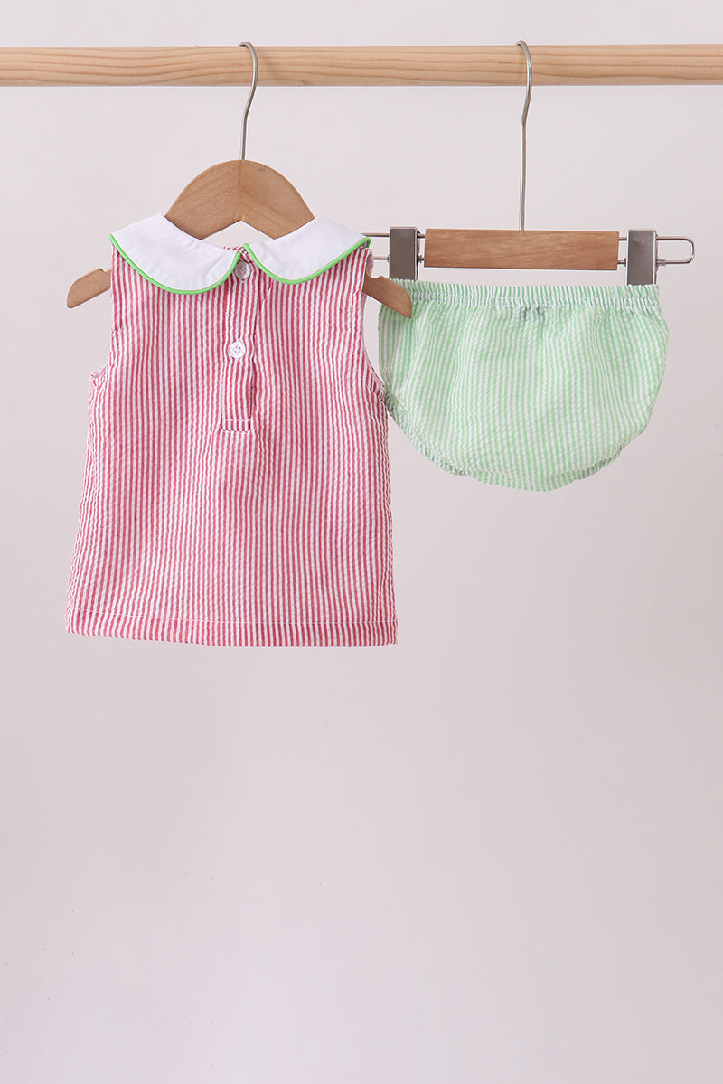 Red Stripe Watermelon Embroidery Seersucker Bloomer Set