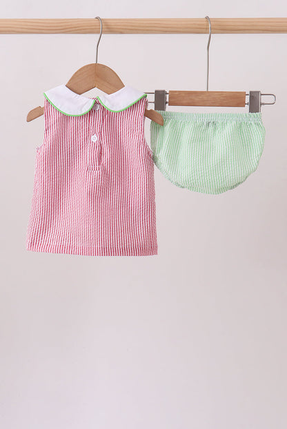 Red Stripe Watermelon Embroidery Seersucker Bloomer Set