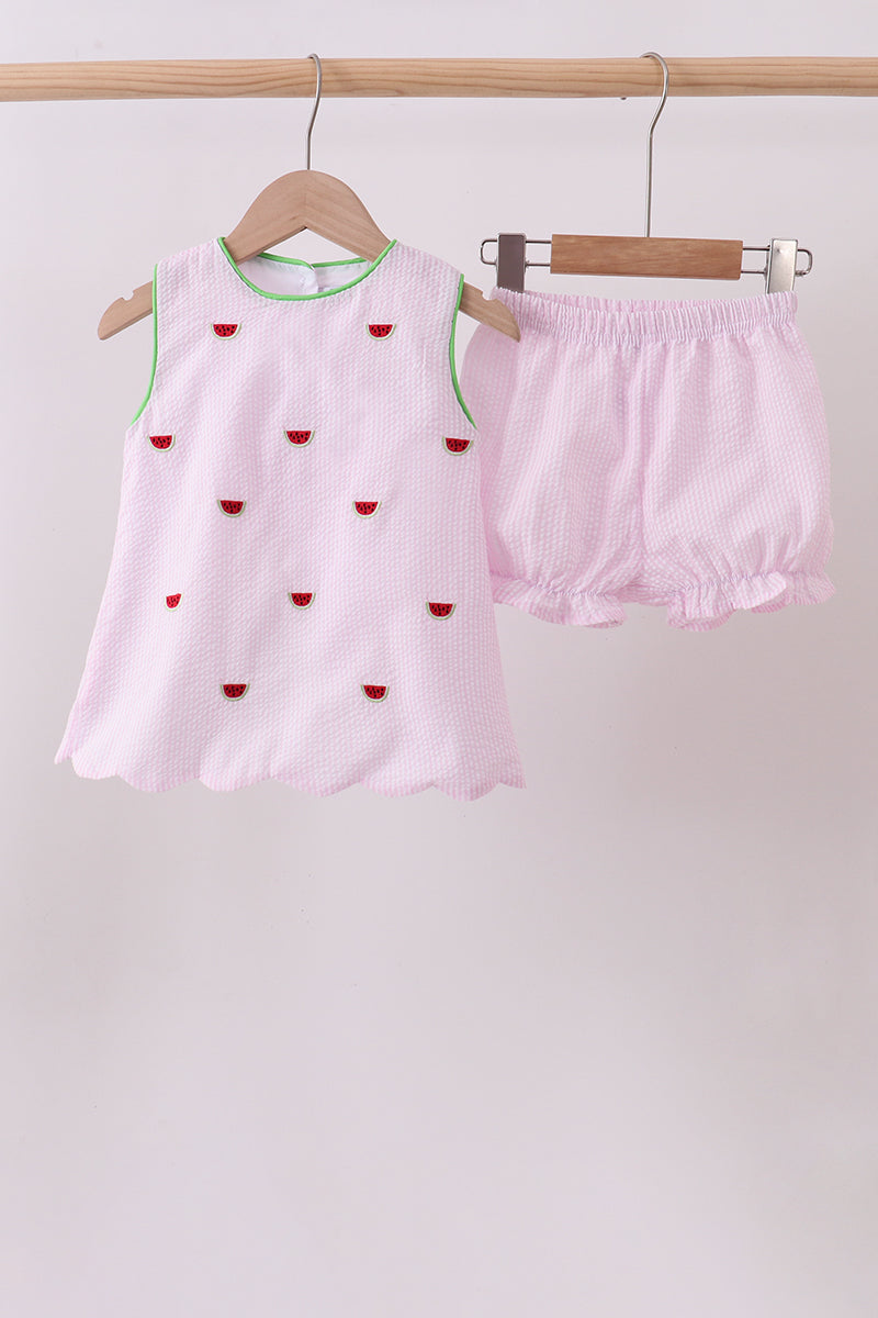 Pink Stripe Watermelon Embroidery Seersucker Shorts Set
