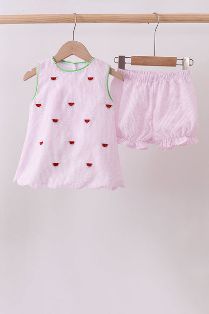 Pink Stripe Watermelon Embroidery Seersucker Shorts Set