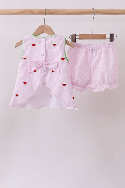 Pink Stripe Watermelon Embroidery Seersucker Shorts Set
