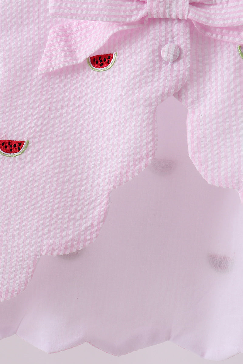 Pink Stripe Watermelon Embroidery Seersucker Shorts Set
