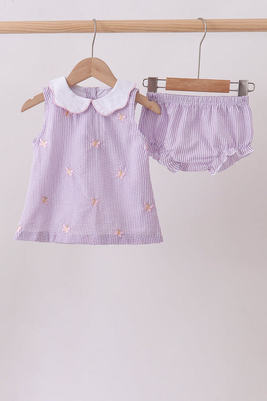 Purple Seersucker Butterfly Embroidery Bloomer Set