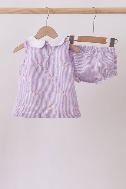 Purple Seersucker Butterfly Embroidery Bloomer Set